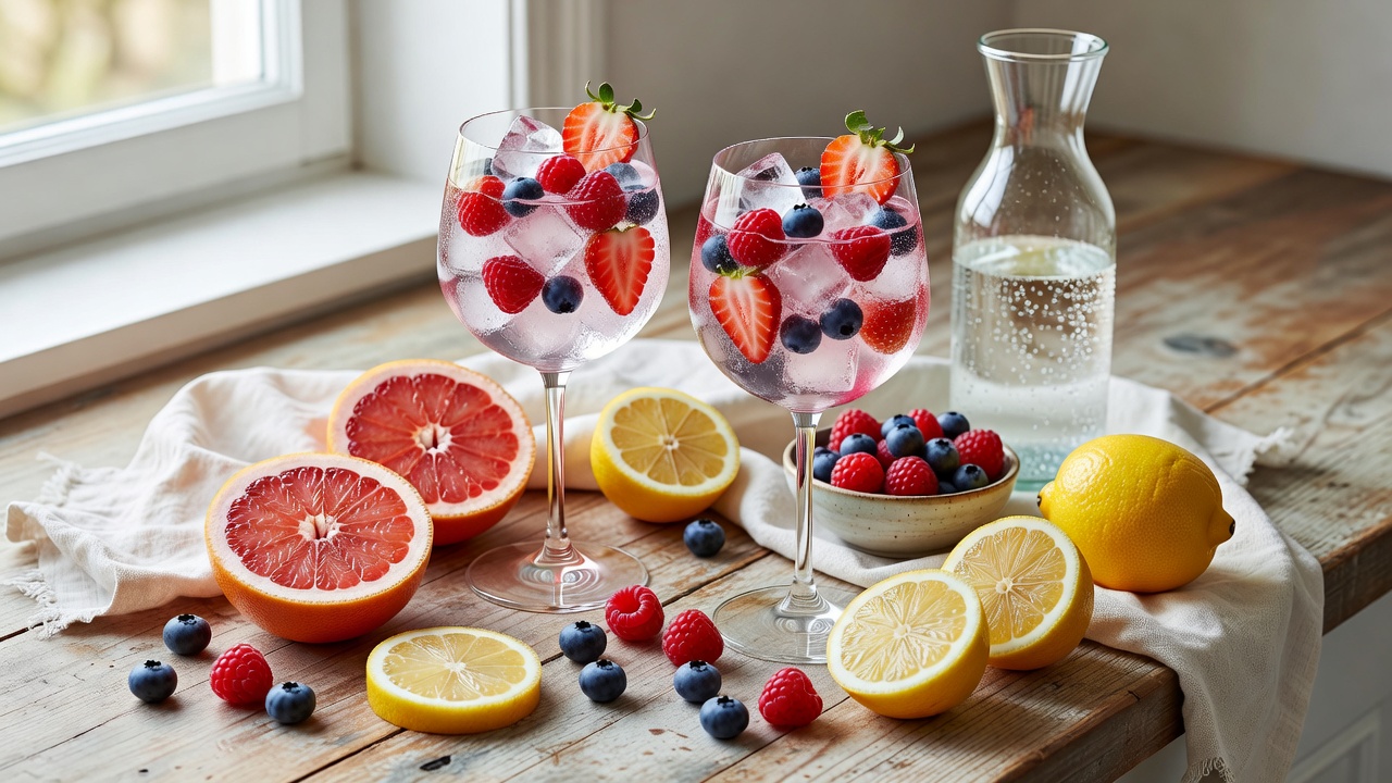 Fresh berries, halved citrus and ice-filled spritzer glasses ready for preparation
