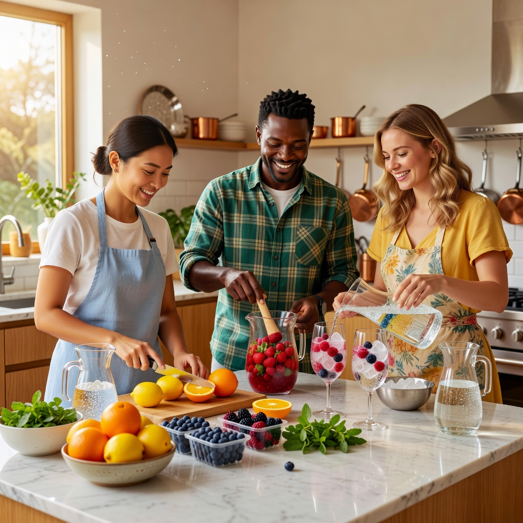 Friends preparing citrus and berry alcohol-free drinks together in a bright kitchen