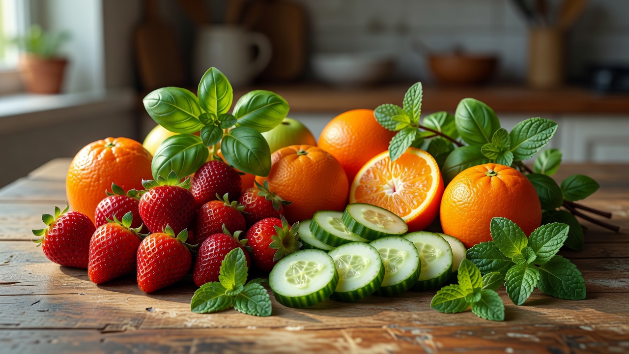 Strawberries, oranges, cucumber, basil and mint arranged for flavour pairing