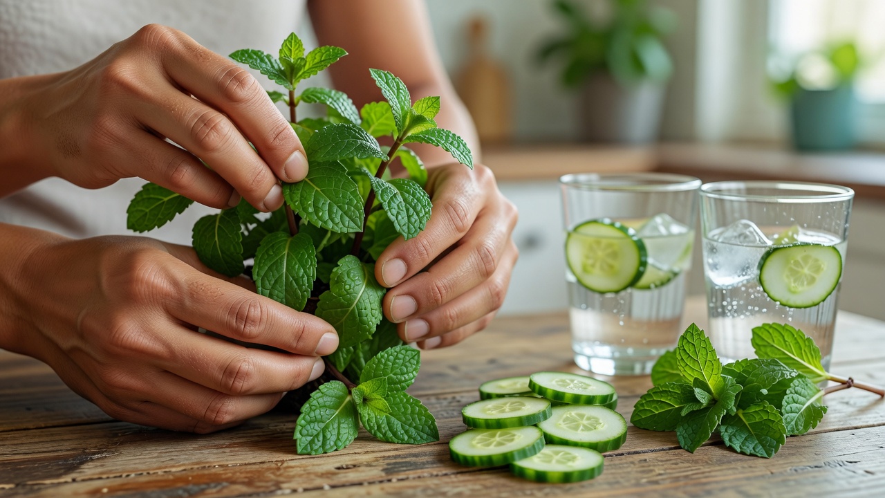 Hands picking fresh mint leaves beside cucumber slices and drinking glasses