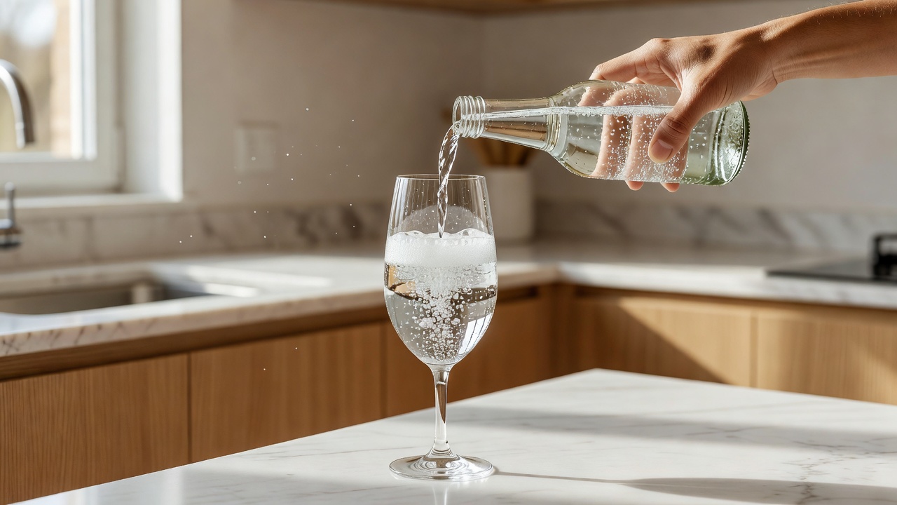 Chilled plain sparkling water poured gently into a glass in a bright home kitchen